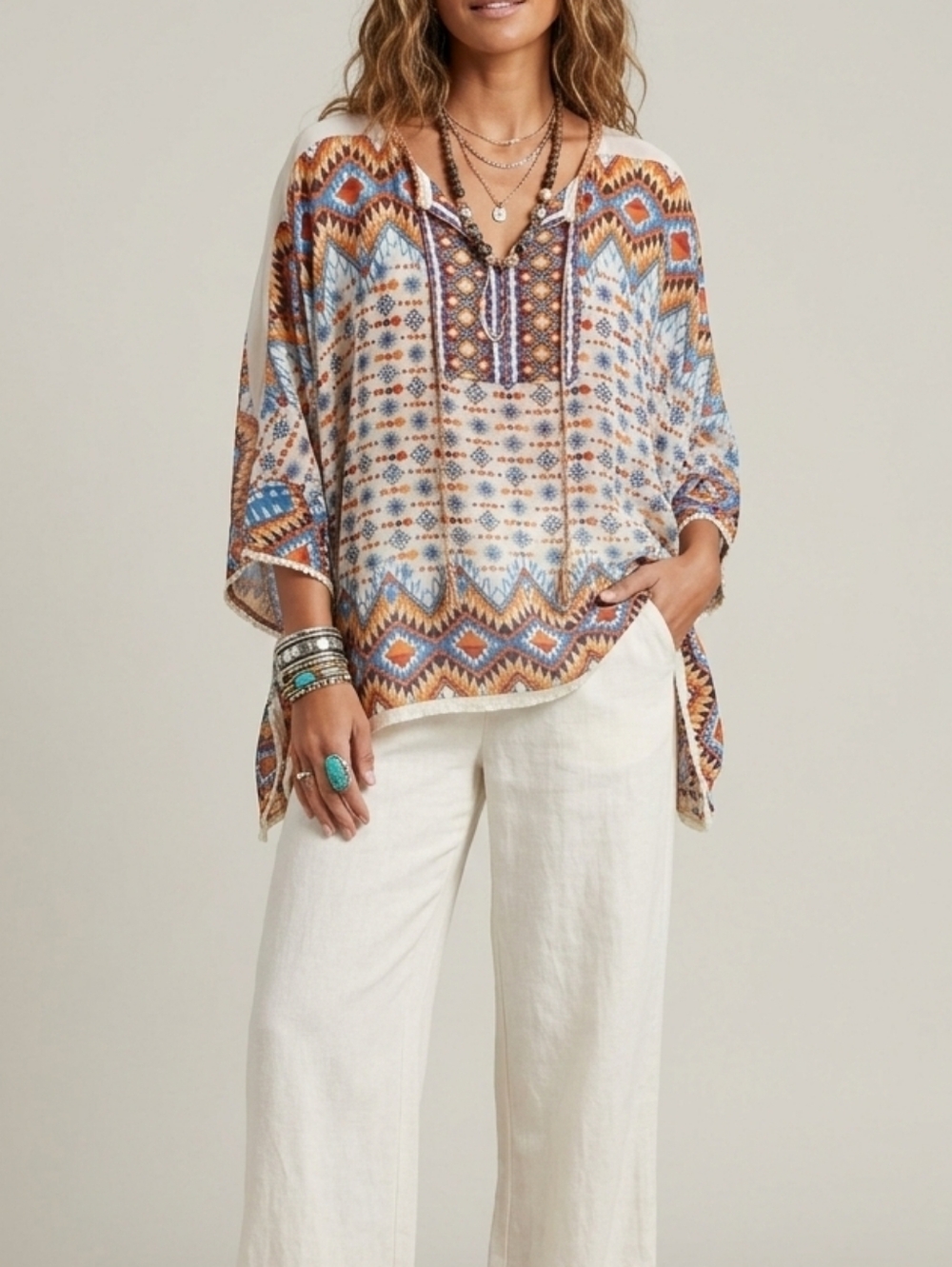 Hannah Aztec Geometric Print Kaftan Top Tassel Tie Boho Blouse Size M